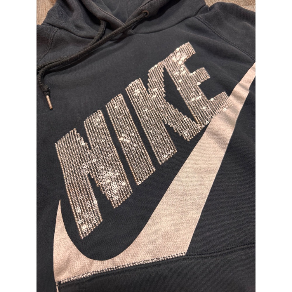 Nike Womens Sequin Logo Hoodie Black Pullover Sweatshirt Medium Sparkle Swoosh - Picture 2 of 4